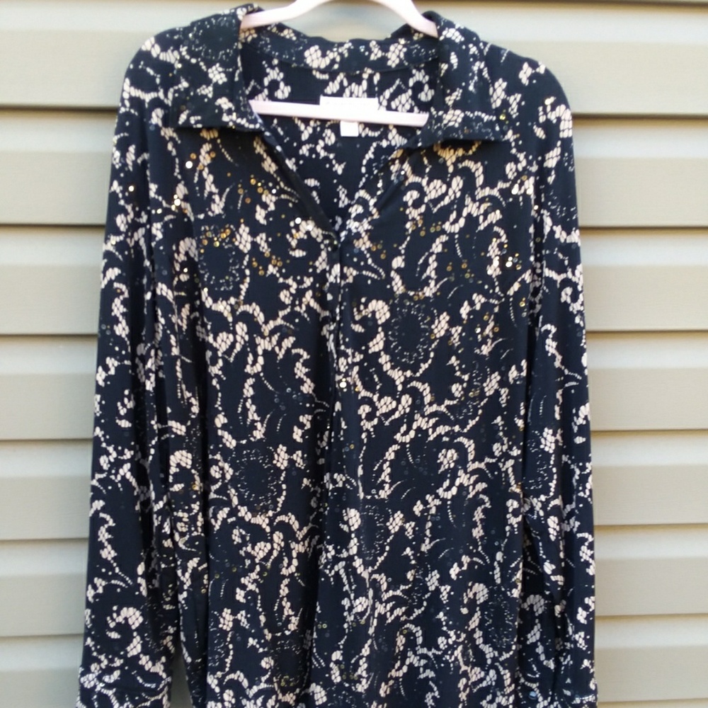 JM Collection 3x Black Tan Lace Pattern Blouse